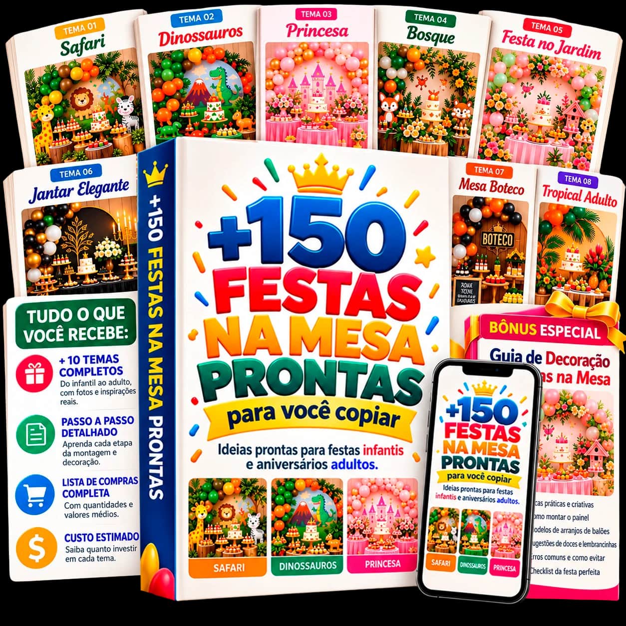 Guia +150 Festas na Mesa Prontas para Você Copiar: capa, páginas de temas, bônus e versão no celular