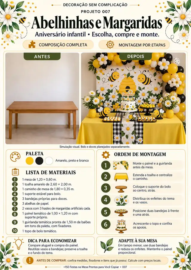 Projeto 007, festa com tema Abelhinhas e Margaridas: antes e depois, lista de materiais e custo estimado