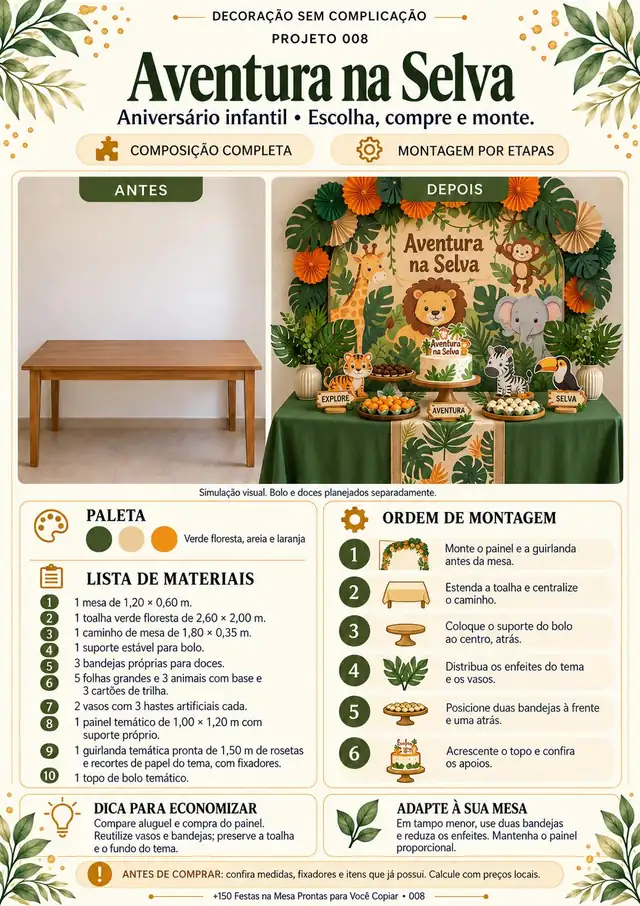 Projeto 008, festa com tema Aventura na Selva: antes e depois, lista de materiais e custo estimado