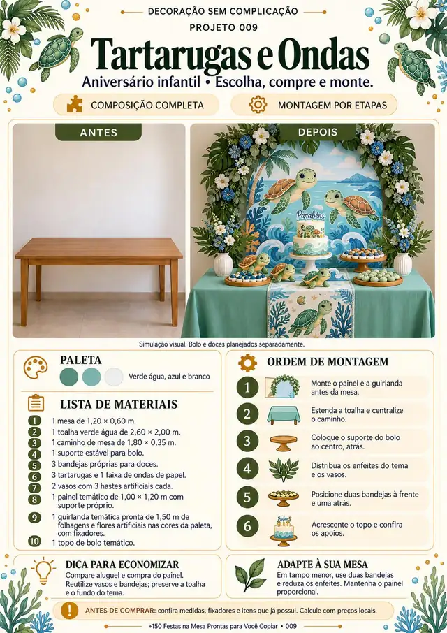 Projeto 009, festa com tema Tartarugas e Ondas: antes e depois, lista de materiais e custo estimado