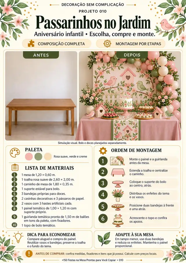Projeto 010, festa com tema Passarinhos no Jardim: antes e depois, lista de materiais e custo estimado
